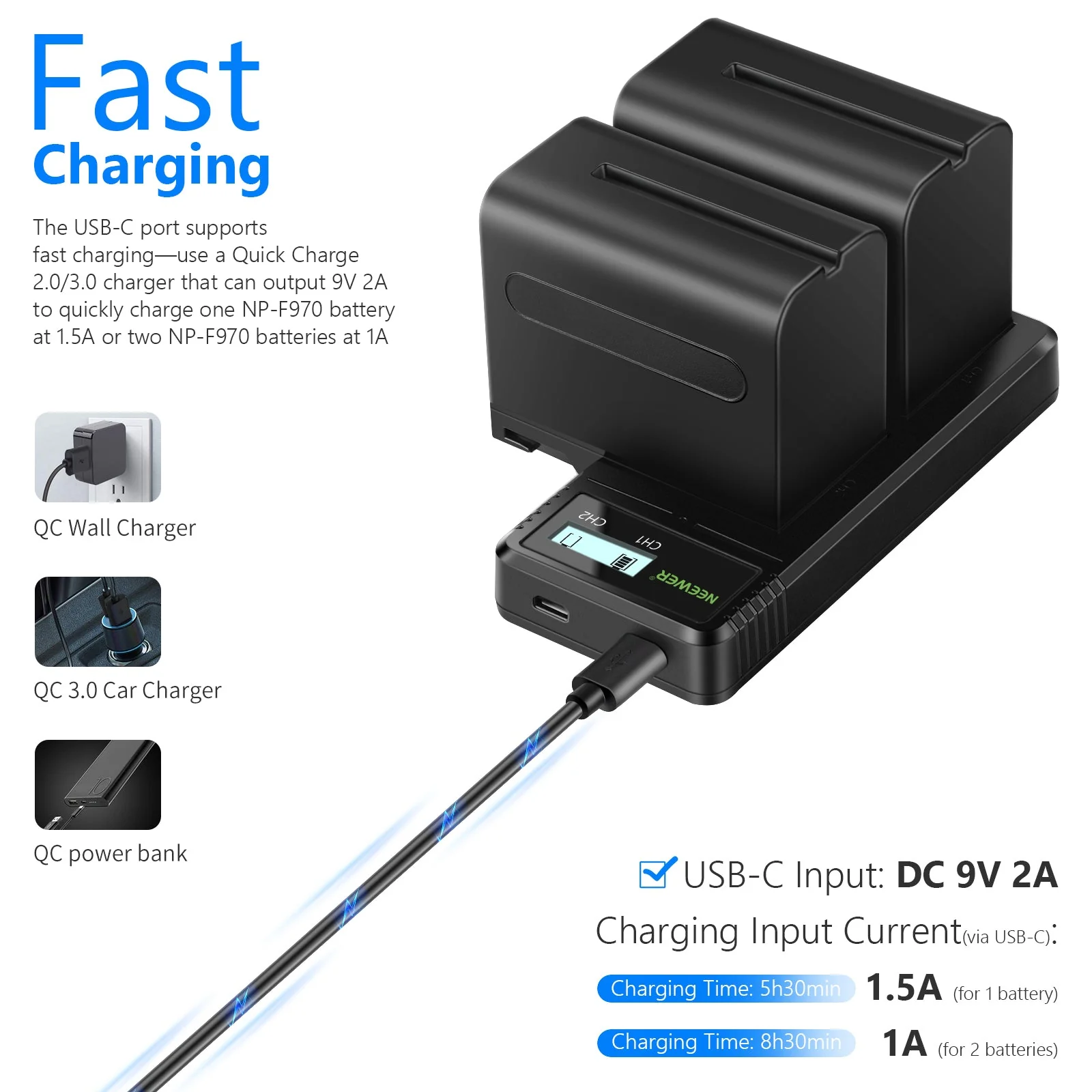 NEEWER 2-Pack Sony NP-F970 Replacement Battery Charger Set - Image 4