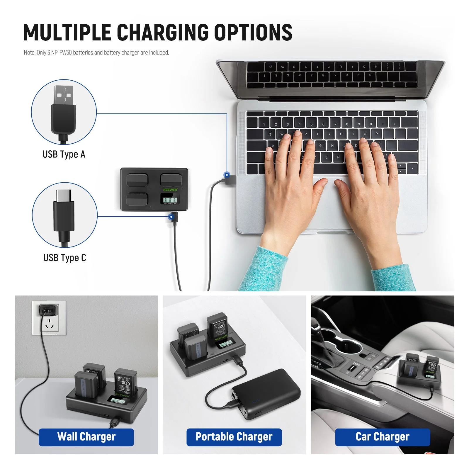 NEEWER 3 Pack Replacement Battery and Charger Set for Sony NP-FW50 - Image 6
