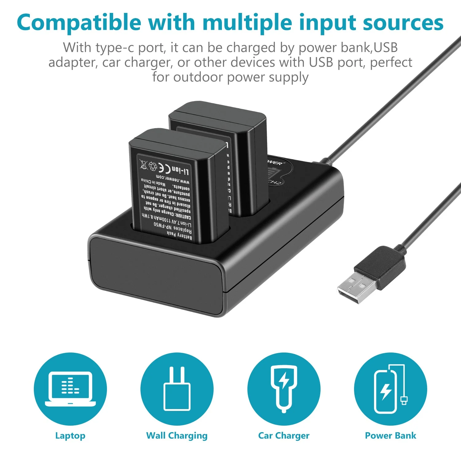 NEEWER 2-Pack NP-FW50 Sony Replacement Battery Charger Set - Image 3